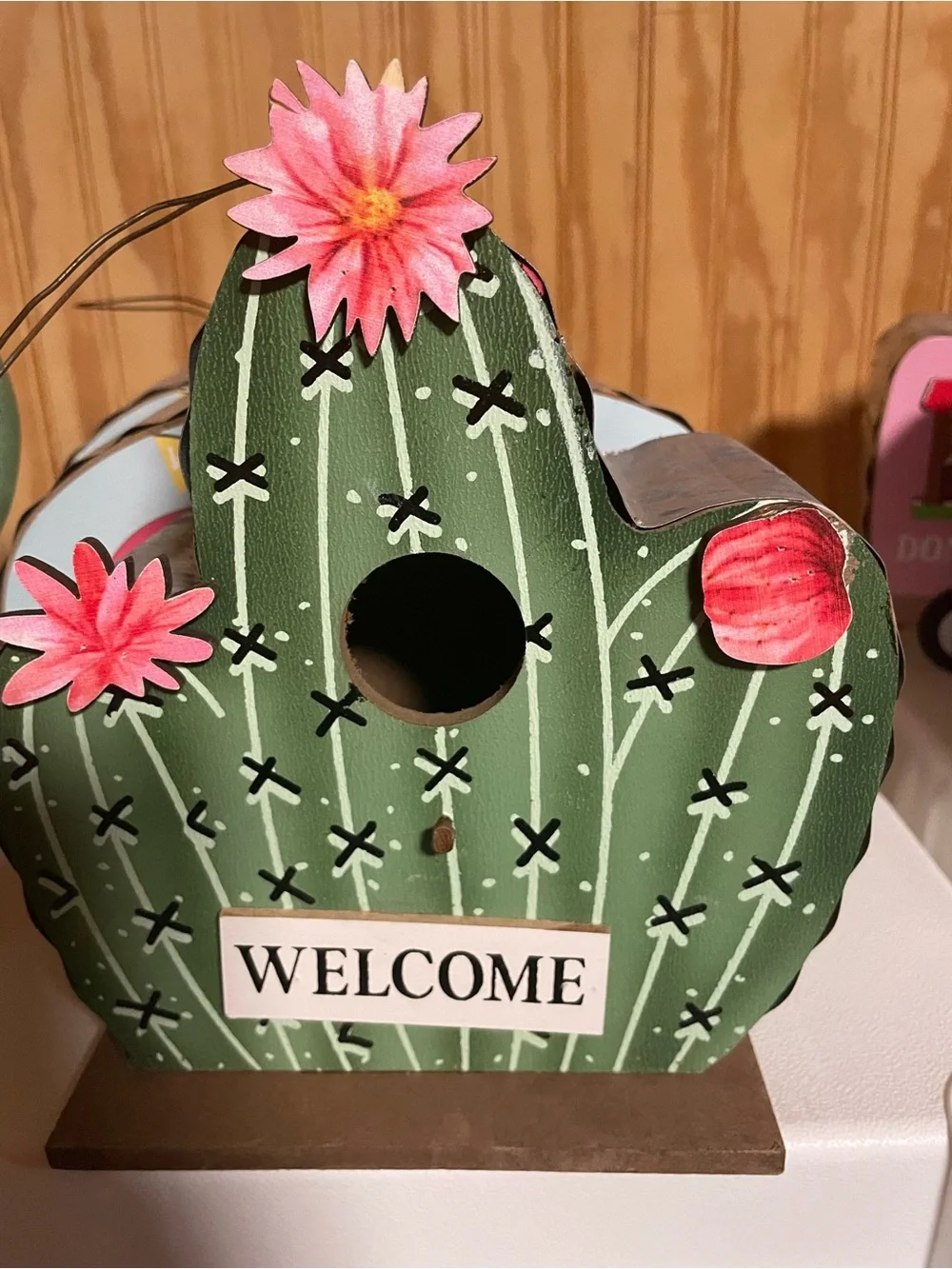Welcome Cactus Wooden Birdhouse Decor - Green with Pink Flowers